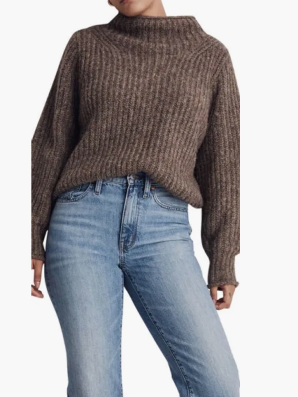Madewell Size XXS Loretto Otter Brown Mock Neck Wool Blend Ribbed Knit Sweater